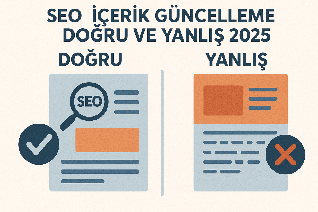 SEO içerik güncellemede doğru ve yanlış uygulamaları gösteren dijital illüstrasyon