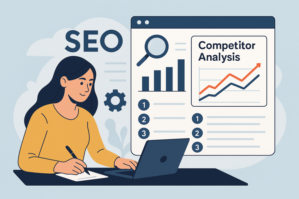 SEO rakip analizi yapan kişi ve dijital analiz araçları illüstrasyonu