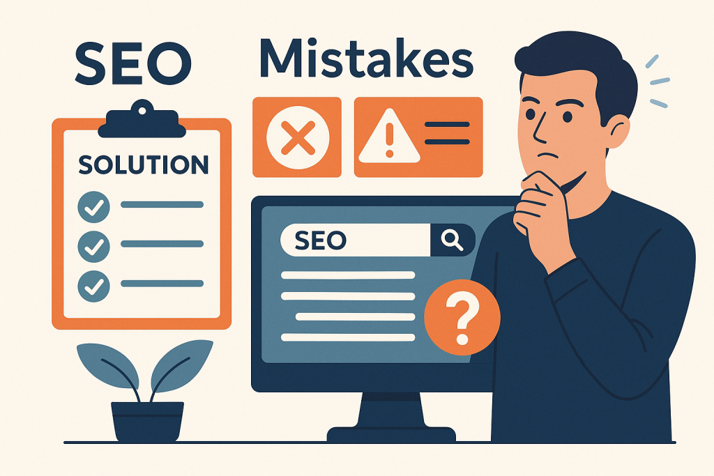 SEO hatalarını ve çözüm yollarını gösteren dijital illüstrasyon