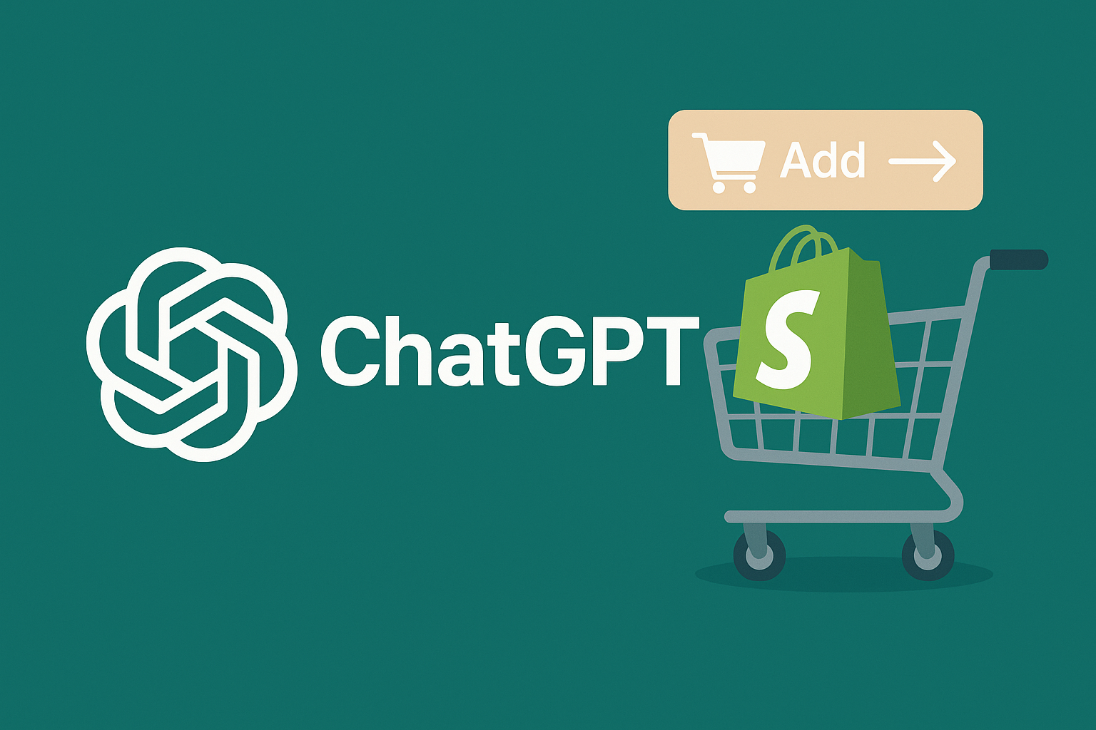 chatgpt-shopify-ortakligi-instant-checkout-e-ticaret ChatGPT ve Shopify logolarının yer aldığı, alışveriş sepeti ve “Add to Cart” simgesi içeren dijital illüstrasyon; ChatGPT üzerinden doğrudan alışveriş yapılabileceğini temsil ediyor.