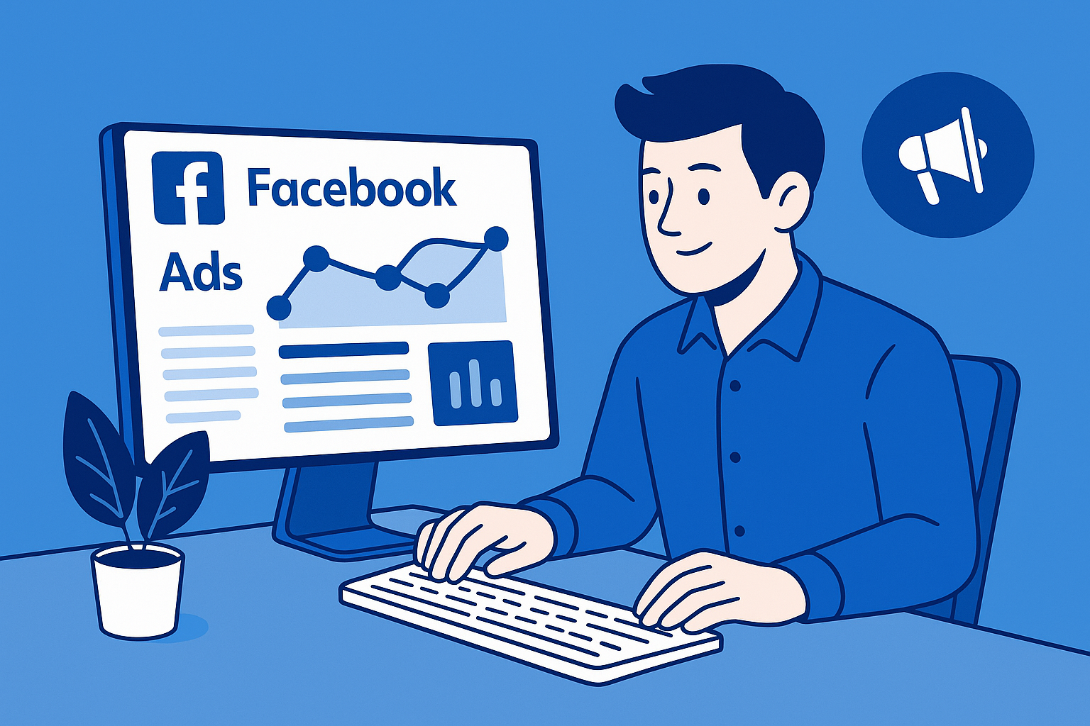Facebook reklam kampanyası hazırlayan dijital pazarlama uzmanı — masaüstünde Meta Ads paneli ve performans grafikleriyle çalışan bir kişi.